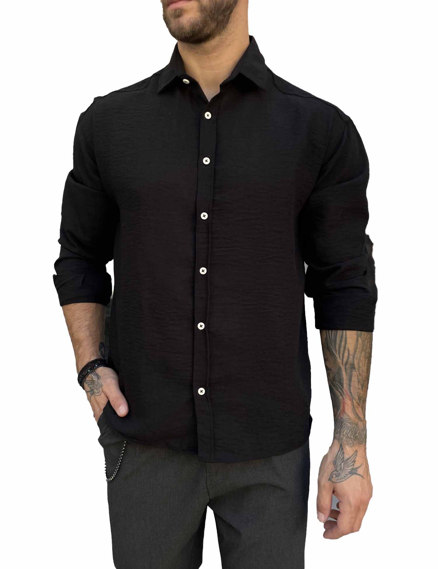 Ανδρικό μαύρο γκοφρέ Overshirt με γιακά RMZ579M φωτογραφία